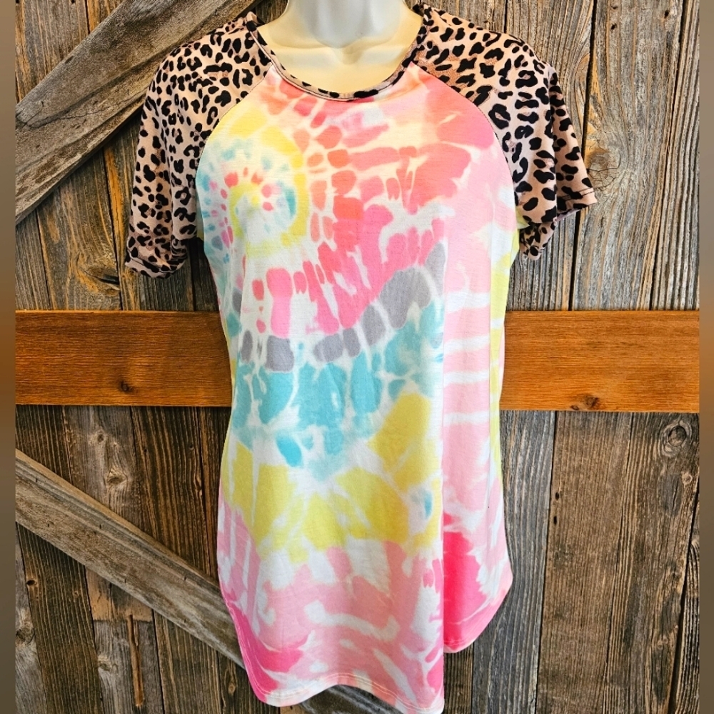 southern stitch Women Tie-dye And Leopard Short Sleeves Soft Stretch Career ^^